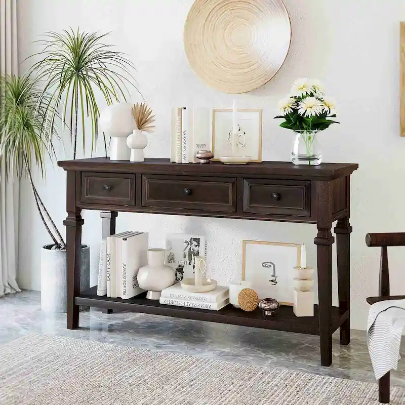 Retro Style Console Table with 3 Drawers and Open Bottom Shelf - Gray Wash