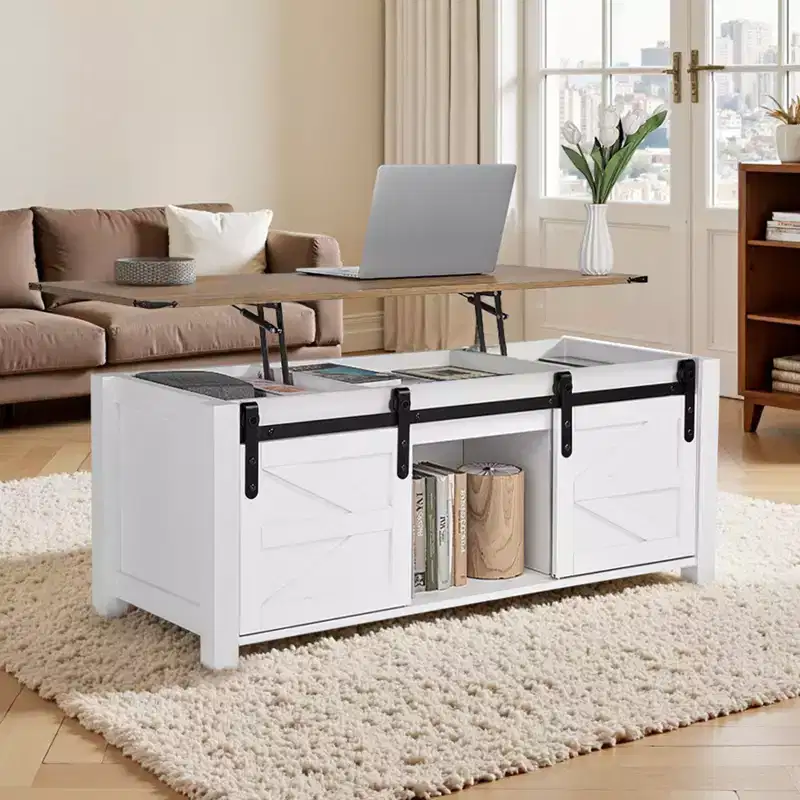 47.2in Farmhouse Lift Top Coffee Table,Rustic Center Table with Barn Door and Hidden Storage Compartment,Modern Rectangle Lifting Tabletop,White