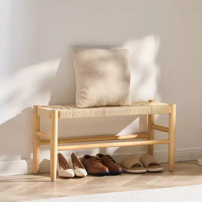VEVOR Rattan Bench, 31.5 Wooden Rattan Bench, Entrywway Bench with Oak Wood Legs, Bedroom End of Bed Boho Bench with Hand Woven Rattan