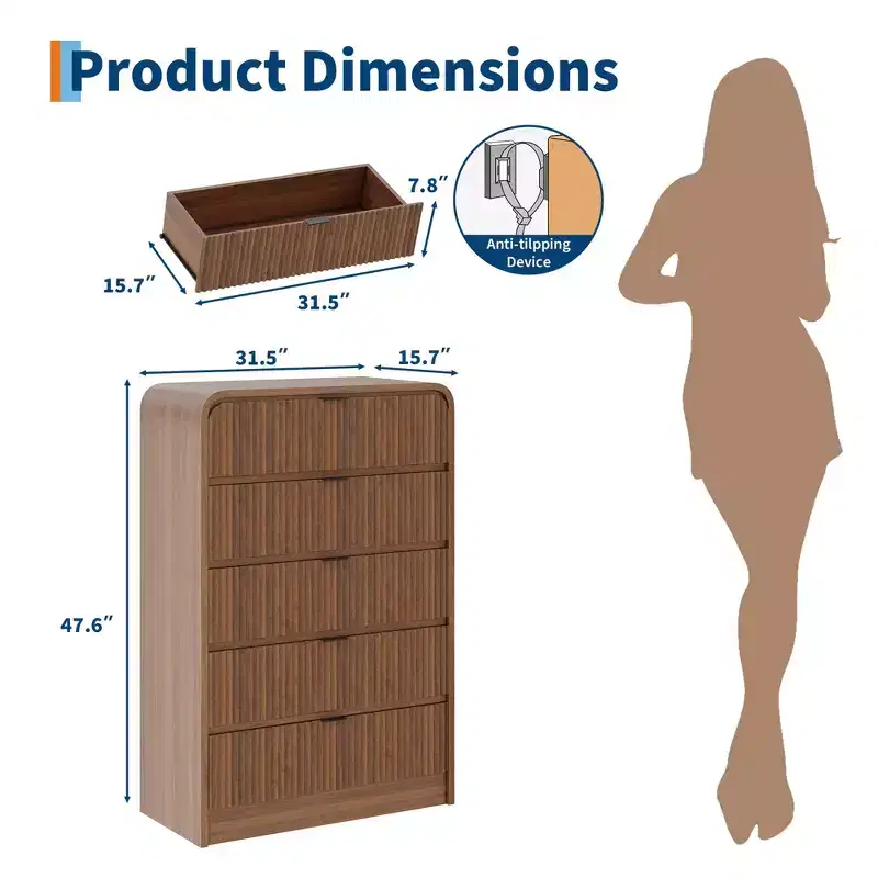 Fluted 5-Drawer Tall Dresser w/ Rounded Edges, Modern Walnut Wood Chest of Drawers, Freestanding Storage Cabinet for Bedroom & Living Room