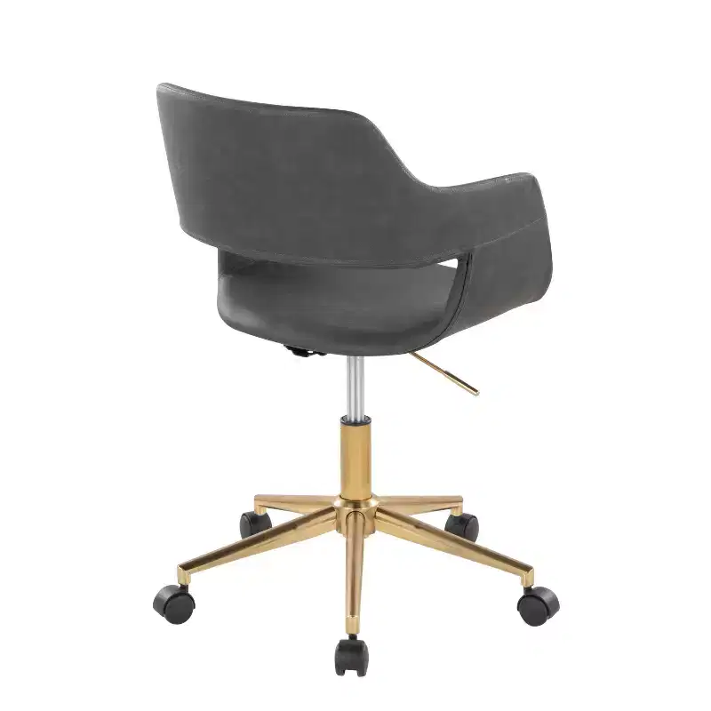 Adjustable Task Chair, Gold Metal Base, Gray PU Leather, Swivel, 250LBS Home Office