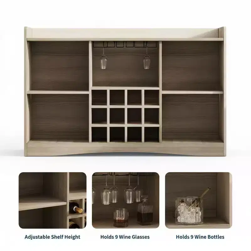 47W Modern Wine Bar Cabinet, Freestanding Coffee Bar Cabinet with 9 Glass Holders & 12 Wine Racks, Wooden Sideboard Buffet Cabinet, Brown
