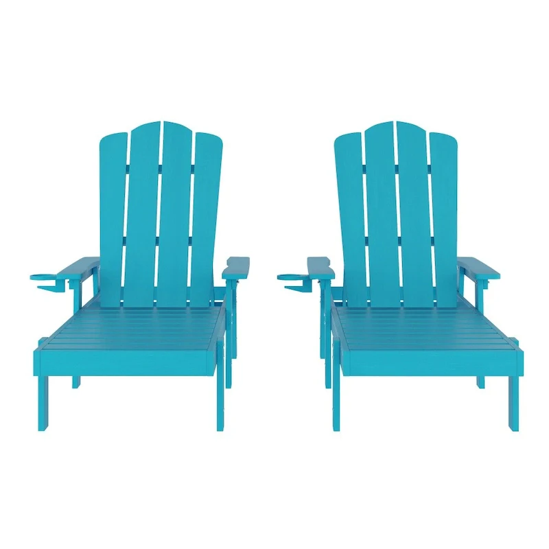 Set of 2 All-Weather Commercial Adjustable Lounge Chairs with Cupholders