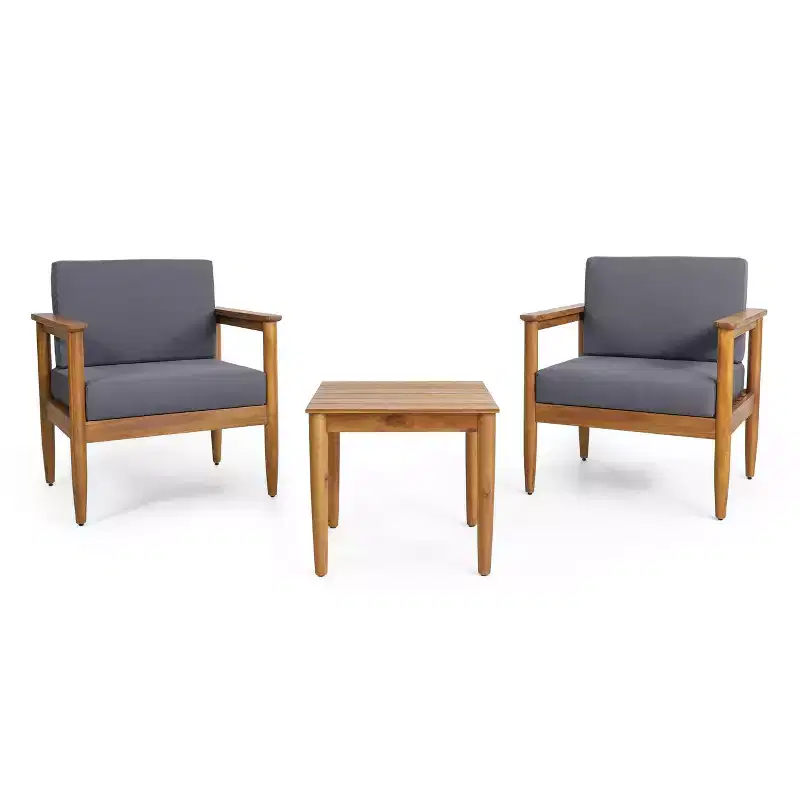3pc Magnolia Patio Acacia Wood 2 Seater Chat Set - Teak/Dark Gray - Christopher Knight Home: Outdoor Conversation Furniture with Cushions
