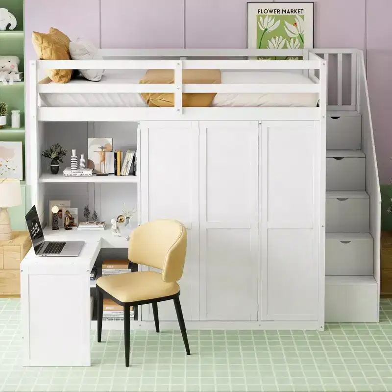 Luxystar Modern Full Size Loft Bed with Wardrobe, Desk, Shelves and Foldable Door Panels