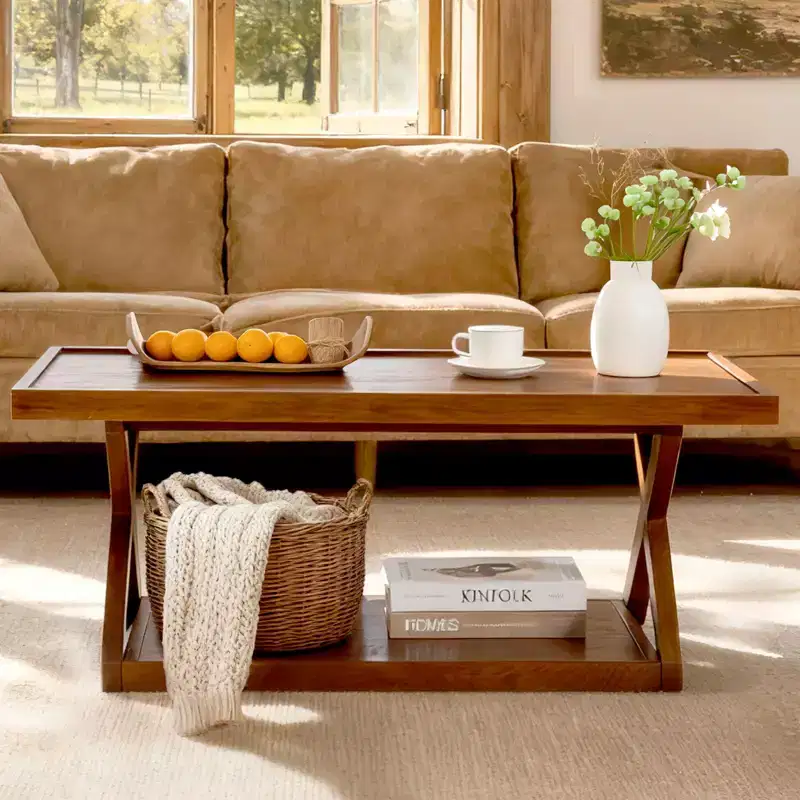 40 Solid Oak Coffee Table,2-Tier Modern Farmhouse Rectangle Center Table with Storage Shelf & X-Shaped Legs, Walnut Finish