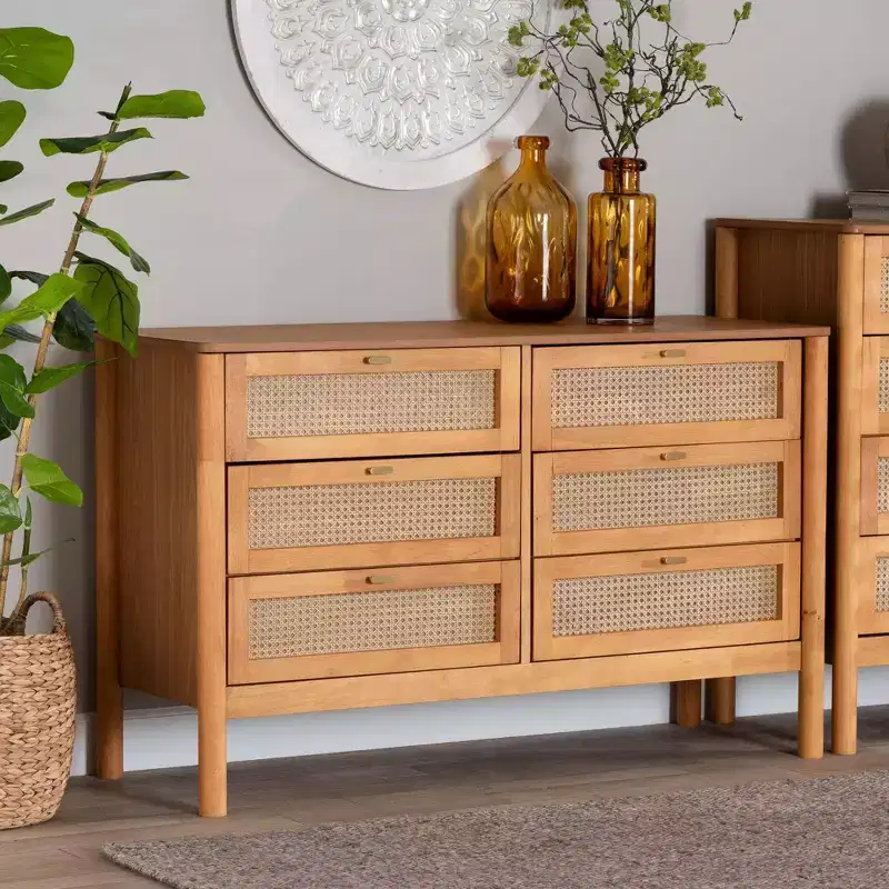 Baxton Studio Jenn Wood 6 Drawer Dresser with Distressed Finished Rattan Golden Brown/Distressed Rattan