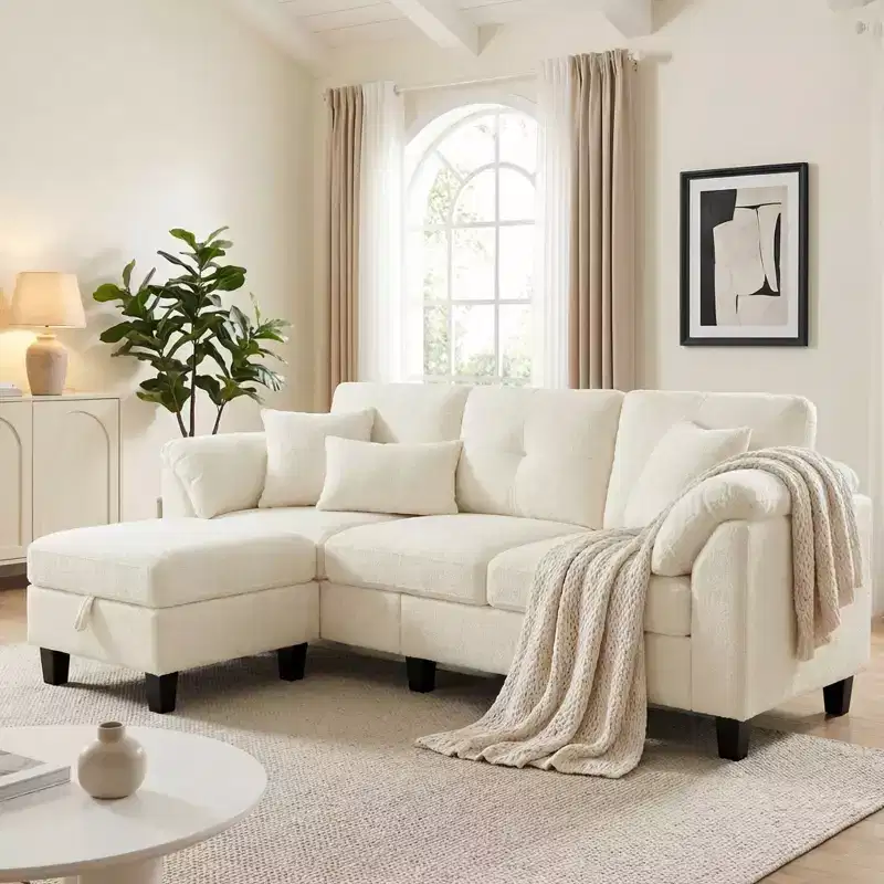 Dyonery 76.4-inch Modern Style Three-seater Sofa with Armrests and Pillows in Chenille Beige