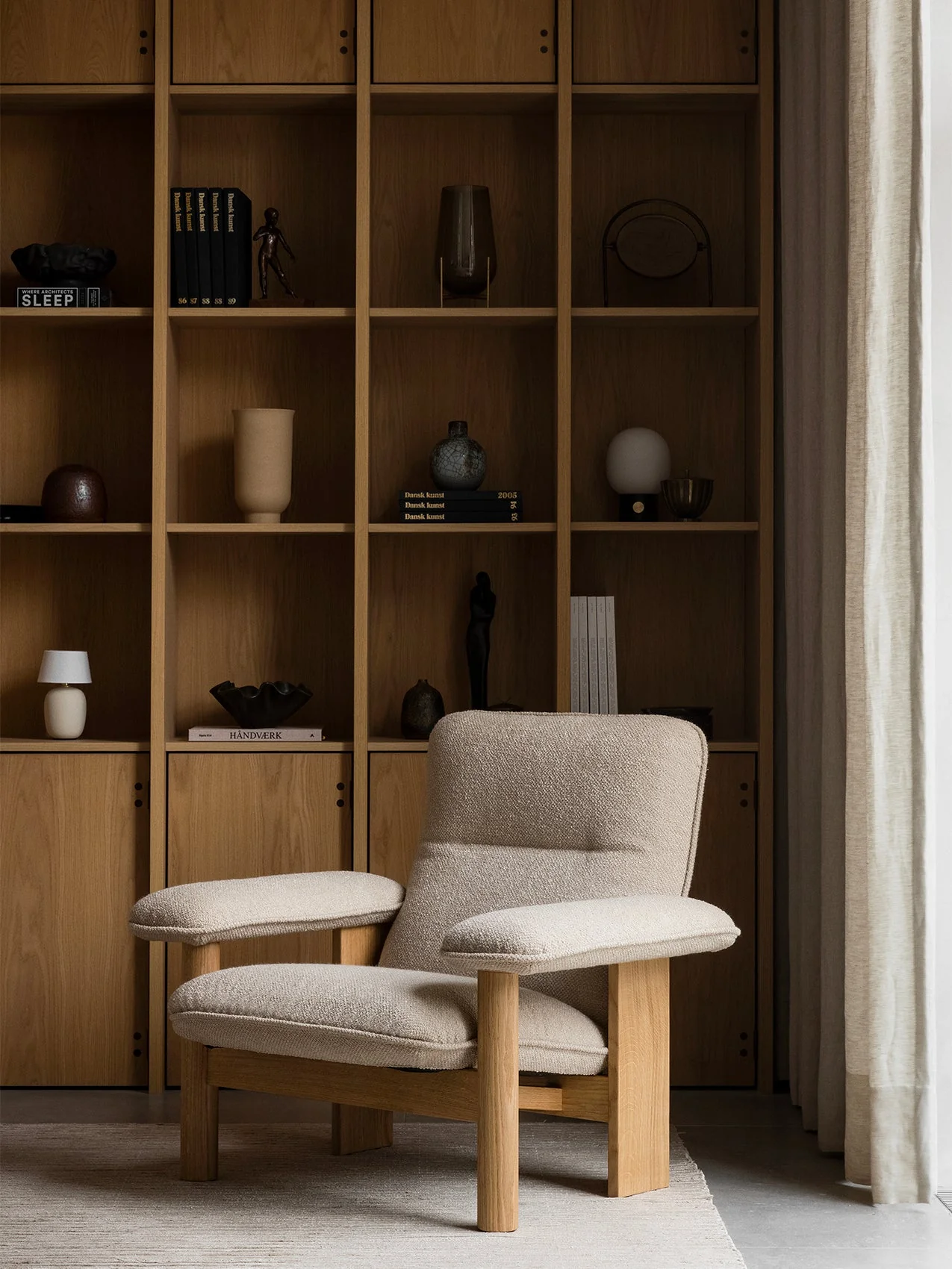 Scandinavian Mid-Century Textile High Back Lounge Chair with Exaggerated Armrests for Living Room & Bedroom