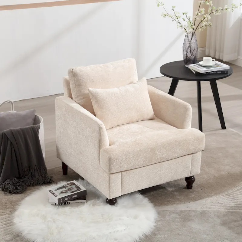 Beige 29.53 Chenille Upholstered Arm Chair with Solid Wood Frame and Cushions