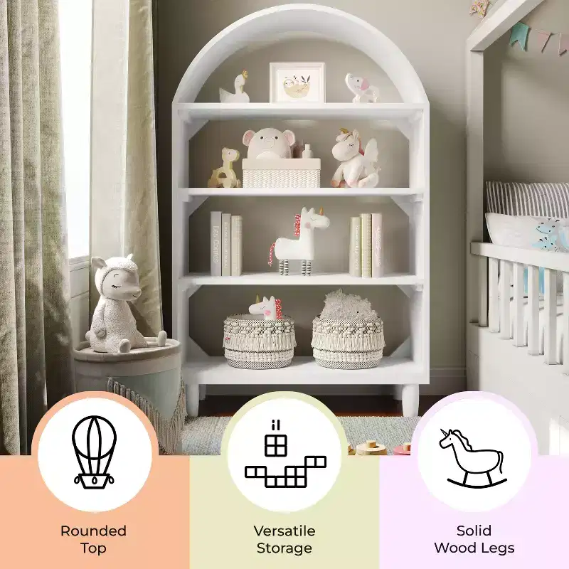 Buzz & Bloom Wood Open Bookshelf with Covered Rounded Top, 4 Shelves, and Cylindrical Legs