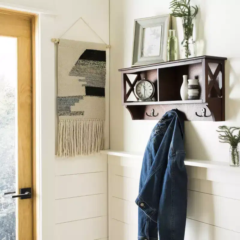 Cherry / Vintage White / White Wall Rack with Hooks & Shelves – Traditional Style, 1-Person Household