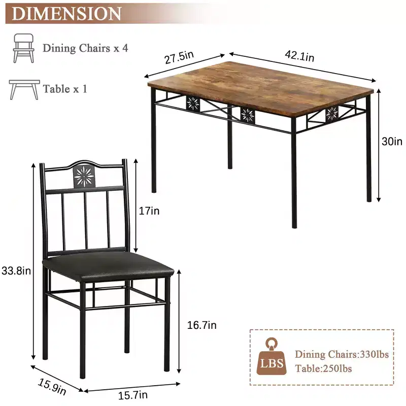 VECELO Dining Room Wooden Kitchen Table and Pu Cushion Chair Sets for Small Space, Retro Brown