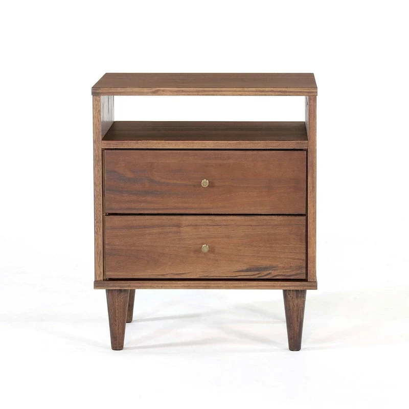 2-Drawer Nightstand with Open Shelf – Brushed Walnut / Brushed White, Solid Wood, Cone Legs, Single
