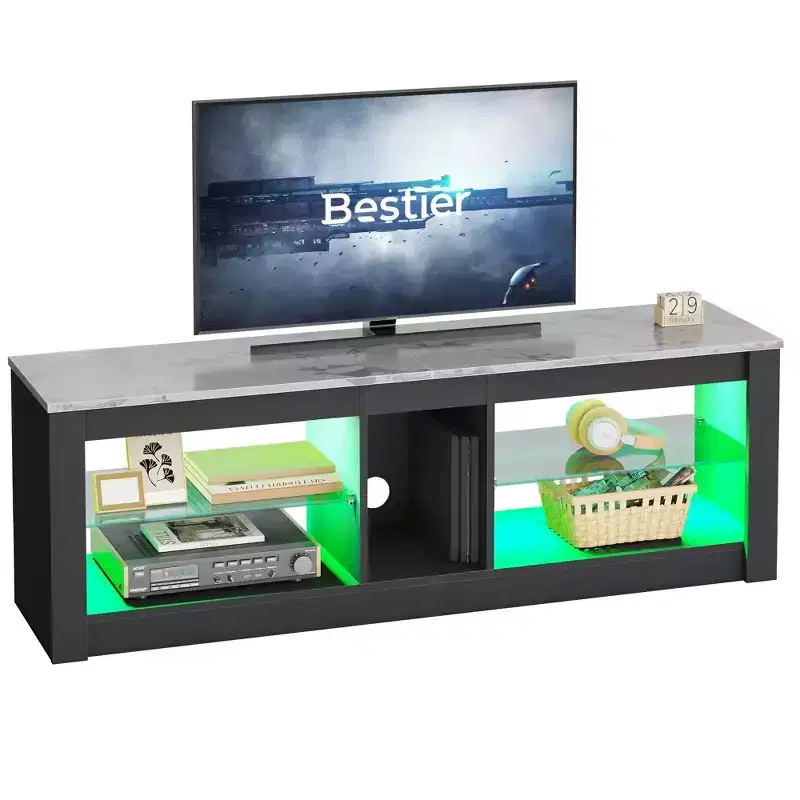 Particle Board TV Stand with Glass Shelves 18.5''H x 55.12''W x 13.78''D