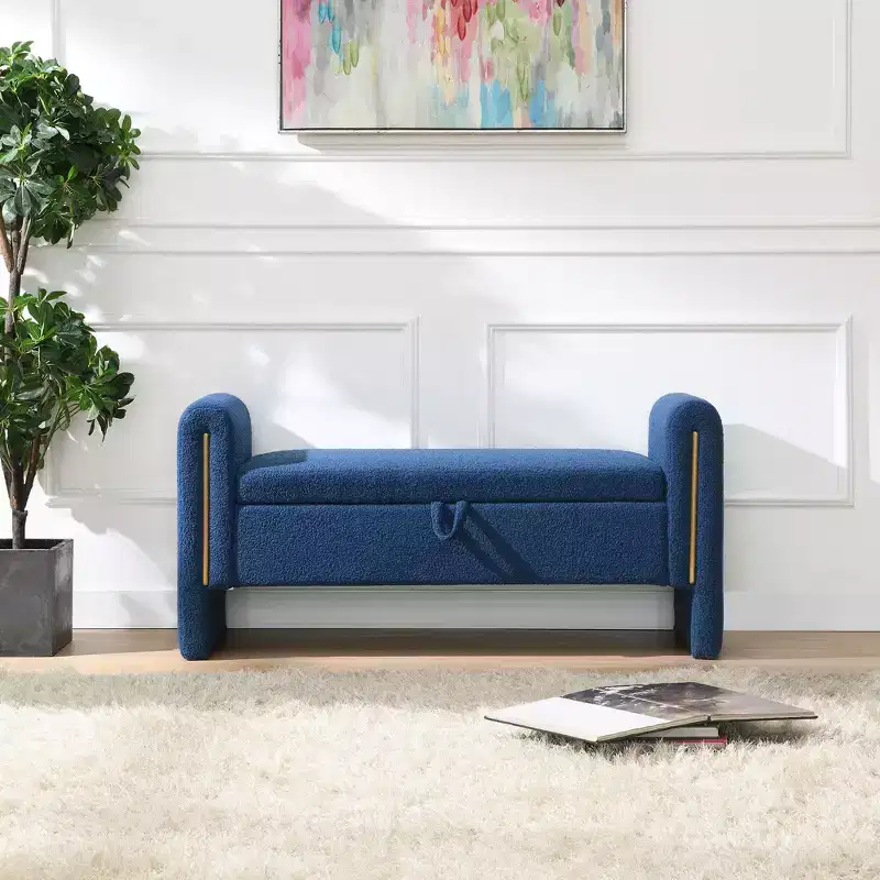 Upholstered Bed End Bench with Arms & Storage – Navy Blue