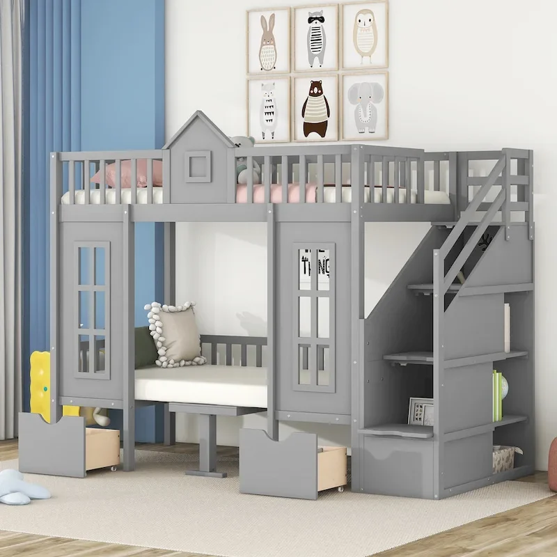 Twin Over Twin Bunk Bed with Convertible Desk - Gray