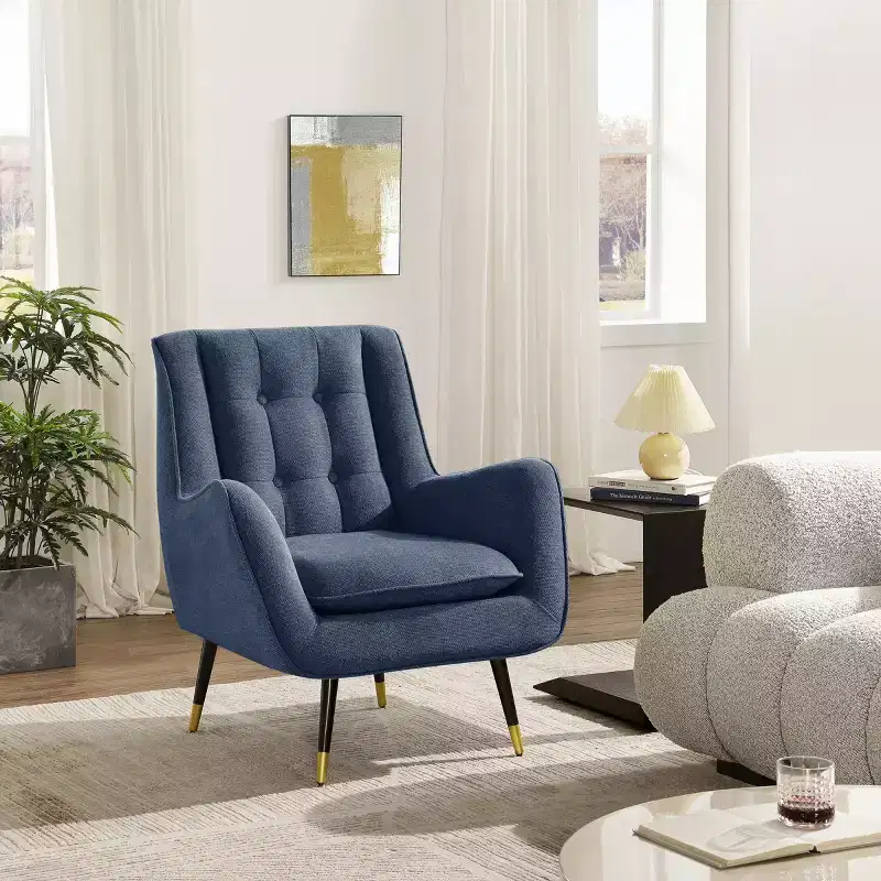 Fabric Accent Chair with Armrest and Button-Tufted Back, Mid-Century Modern Style