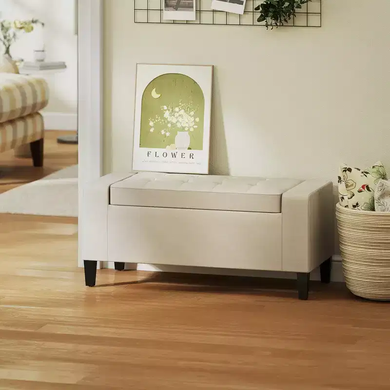 Linen Storage Ottoman Bench Lift Top Tufted Rectangle Ottoman for Living Room, Entryway, or Bedroom, Beige