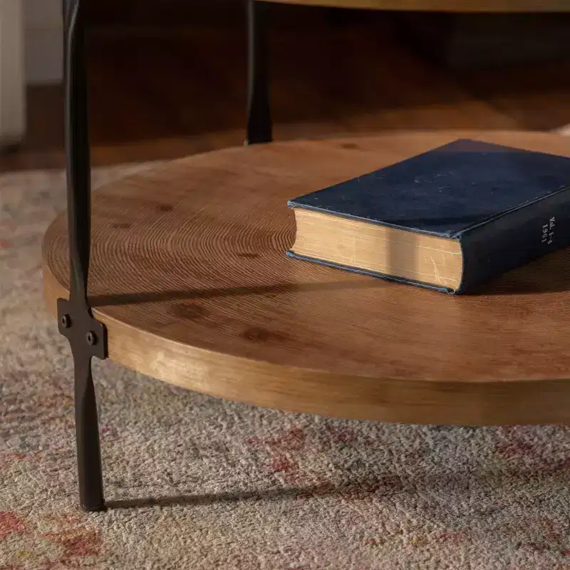 GDFStudio Bernie Modern Industrial Two-Tier Handcrafted Wood Round 30.71 Coffee Table with Metal Legs