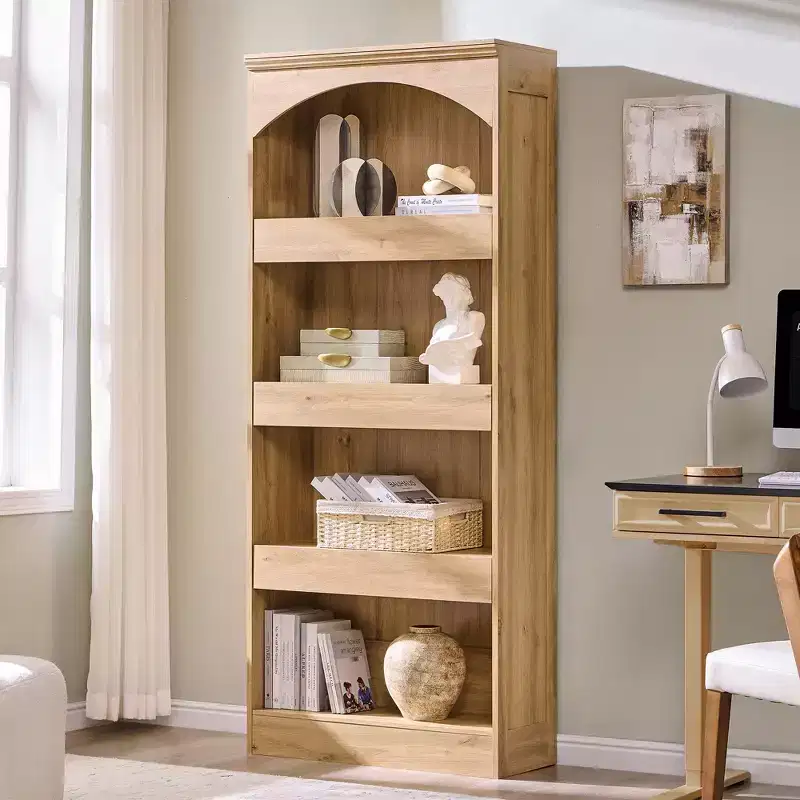 76 Arched Bookcase with Magnetic-Lock Bottom Drawer, Modern 4-Tier Wooden BookShelf with 3 Hidden Drawers for Home Office, Living Room
