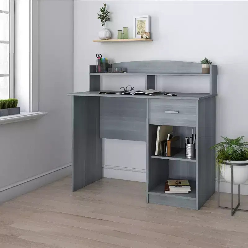 Modern Office Desk with Hutch, Gray