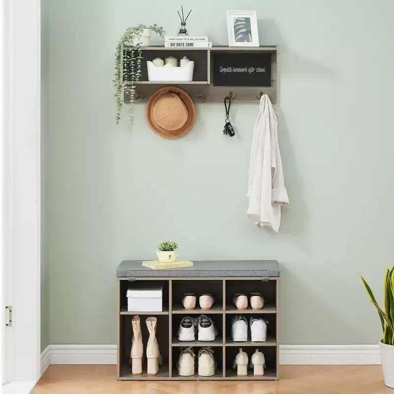 Industrial Wall Mounted Hall Tree Coat Rack and Shoe Bench Set  5 Hooks, 10 Storage Cubbies, Blackboard  Entryway Organizer and Bench