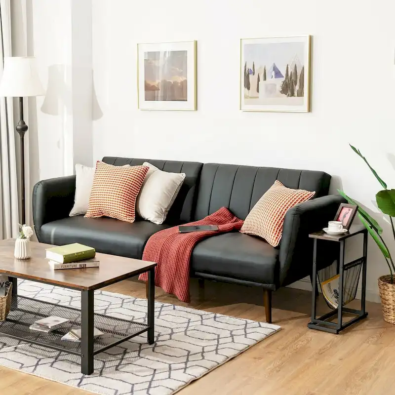 Convertible Sofa Bed with Adjustable Backrest and Faux Leather Upholstery