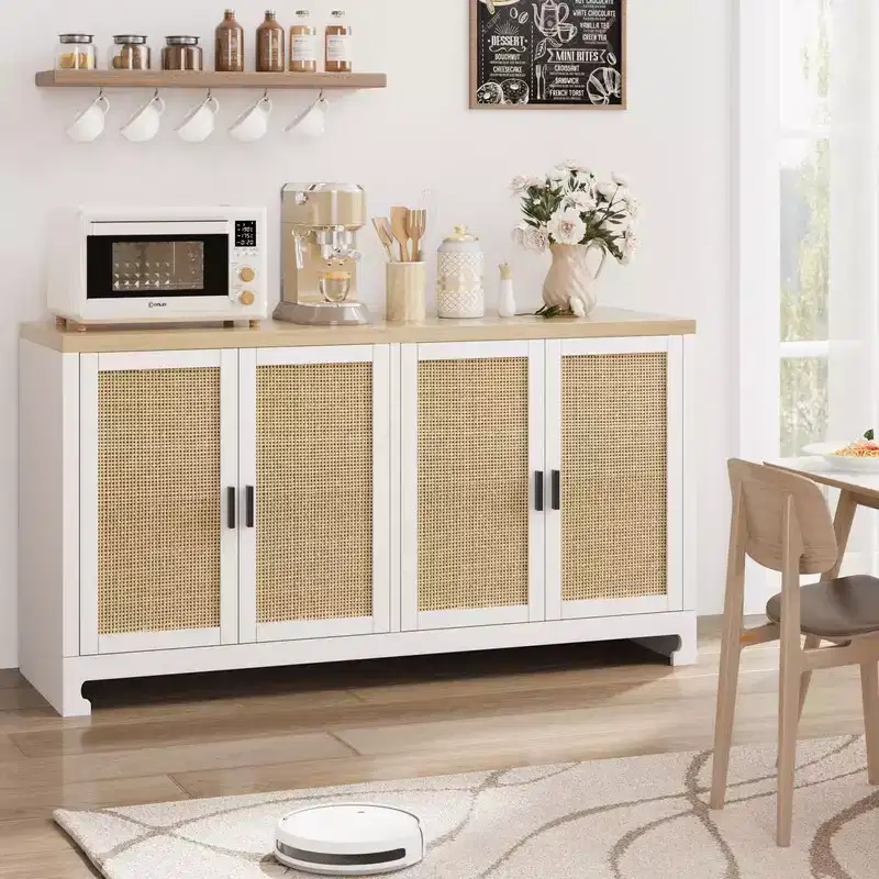 Rattan Sideboard Buffet Cabinet, Farmhouse Storage Console with Adjustable Shelves for Dining Room and Living Room