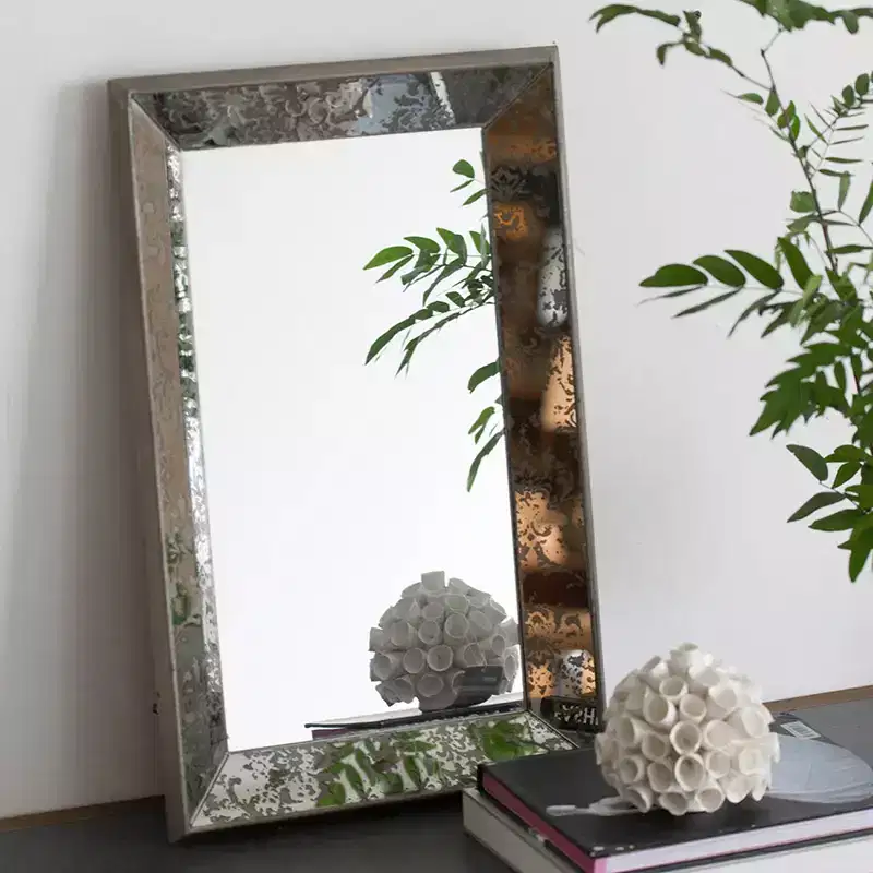 24 x 15 Antique Silver Rectangle Mirror with Floral Accents, Hanging Wall Mirror, Silver