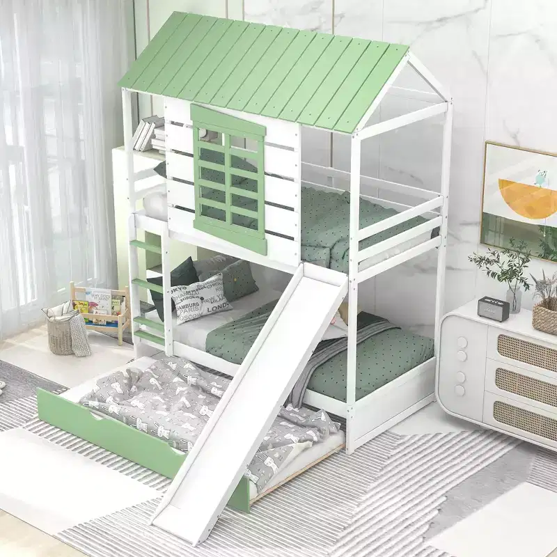 Twin over Twin Bunk Bed with Convertible Slide and Trundle, White+Green