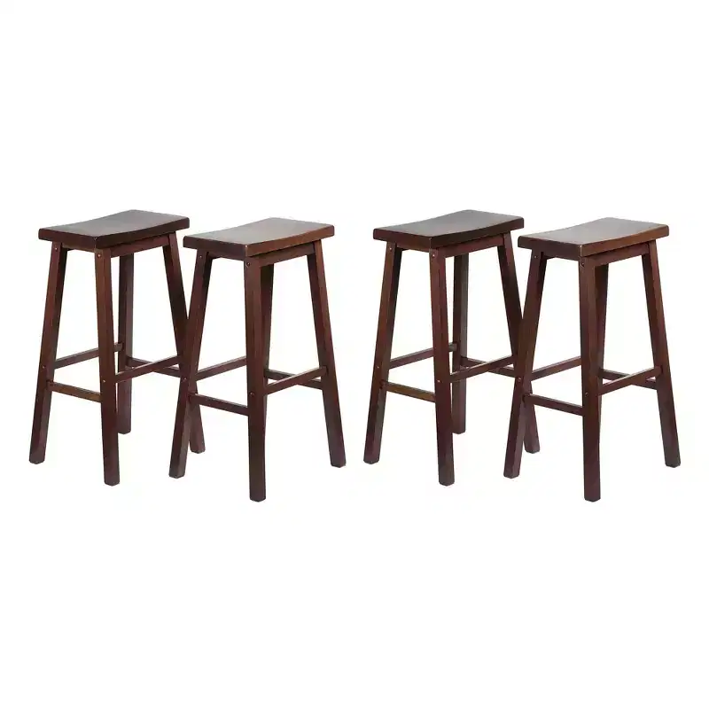 PJ Wood Classic Saddle Seat 29 Tall Kitchen Counter Stools for Homes, Dining Spaces, and Bars w/ Backless Seats & 4 Square Legs, Walnut (Set of 4)