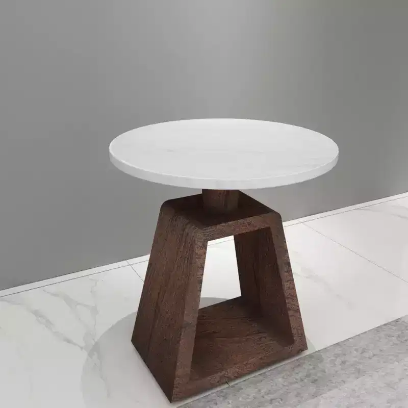 Royal Hampton 16.5 Inch Side End Table with Round White Genuine Marble Top and Handcrafted Mango Wood Base