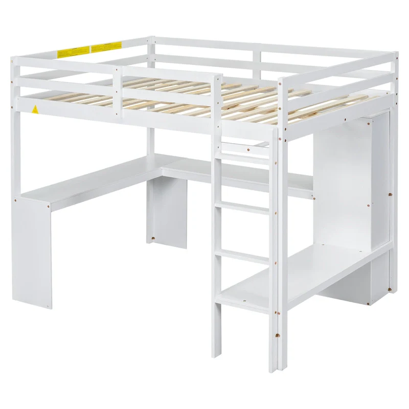 Solid Pine Wood Loft Bed with L-Shaped Desk, Wardrobe, Shelves & 2 Drawers, White/Brown