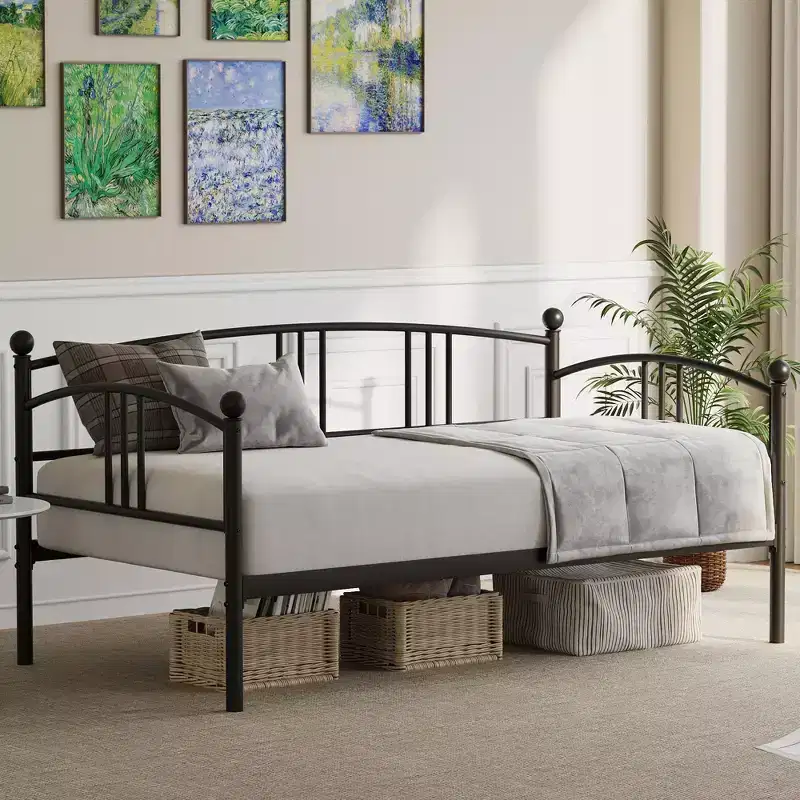 Twin Daybed Without Trundle, Metal Twin Size Day Bed, Heavy-Duty Steel Slatted Support, for Living Rooms, Bedrooms, No Spring Mattress Required