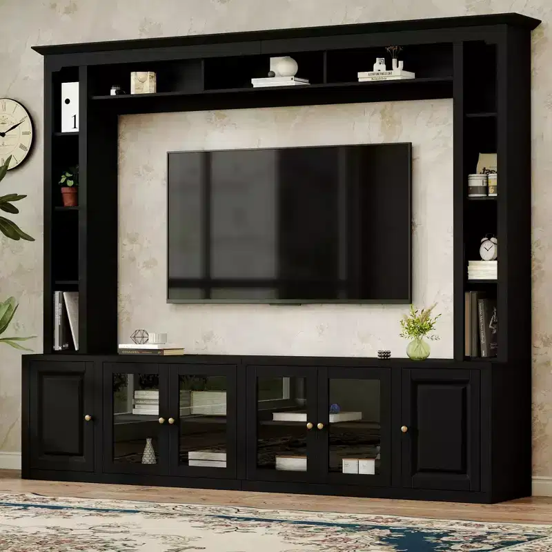 Modern Wall Unit Entertainment Center 4-Piece, Media Console with Bookshelves and Shelves, Large TV Stand with Tempered Glass Door for 80 TV