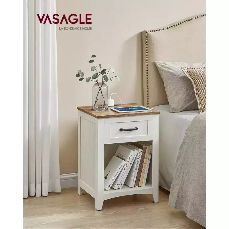LIRY 2-Piece Farmhouse Nightstand Set with USB Charging Station, Drawer & Open Shelf, Bedside Table for Home Decor, Misty Gray