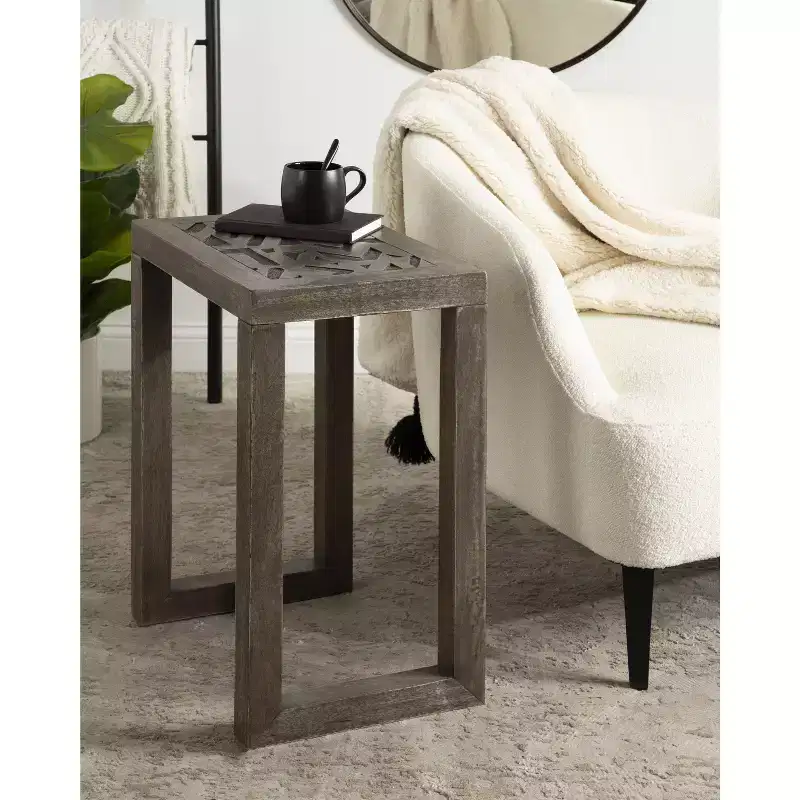Boho-Chic Engraved Solid Mango Wood Side Table, 20x14x26, Gray Wash