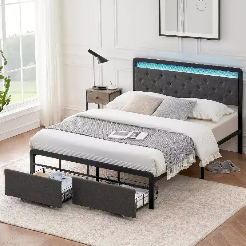 Queen Bed Frame with Storage and Headboard, Upholstered Button Tufted Platform Bed, Grey