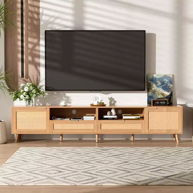 Rattan TV Stand for TVs up to 90, Boho Farmhouse Media Console Table with Storage Cabinets, Entertainment Center for Living Room
