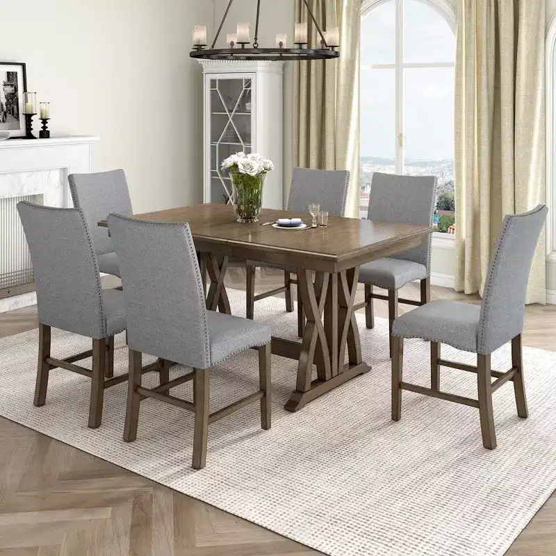 Whisen 7-Piece Dining Table Set with Upholstered Chairs and 12 Leaf