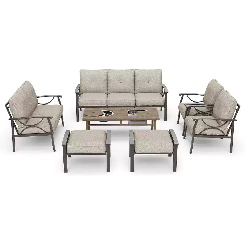 Heynemo Outdoor Patio Furniture Set, 7 Piece Patio Seating Set with Fire Table and Ottomans, Metal Furniture Set for Porch Backyard Garden