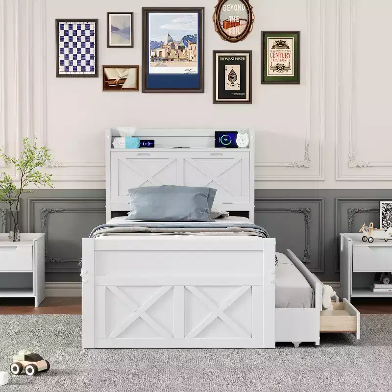 Twin/Full Size Wooden Platform Bed Frame with Storage Headboard & Outlets, Twin Size Trundle & 3 Storage Drawers - ModernLuxe