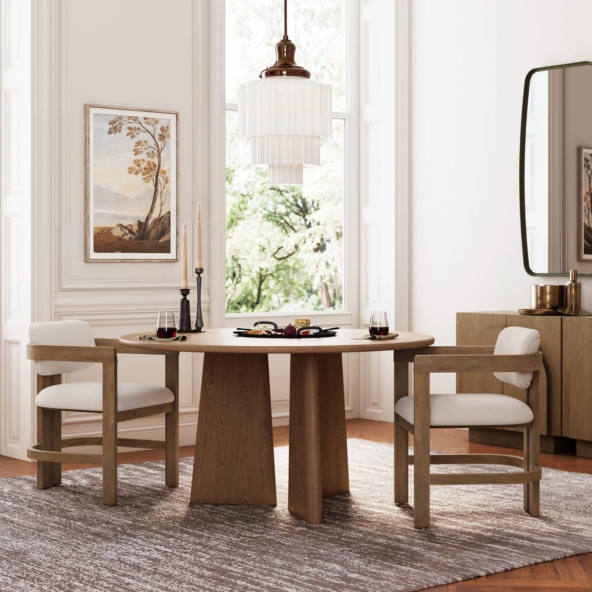 Boucle Barrel Dining Chair w/ Curved Back and Arm Light Brown