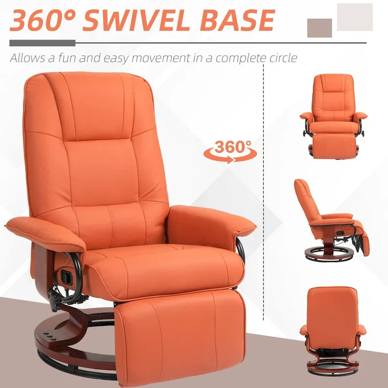 Faux Leather Manual Swivel Recliner Chair with Footrest, Armrest and Wrapped Wood Base