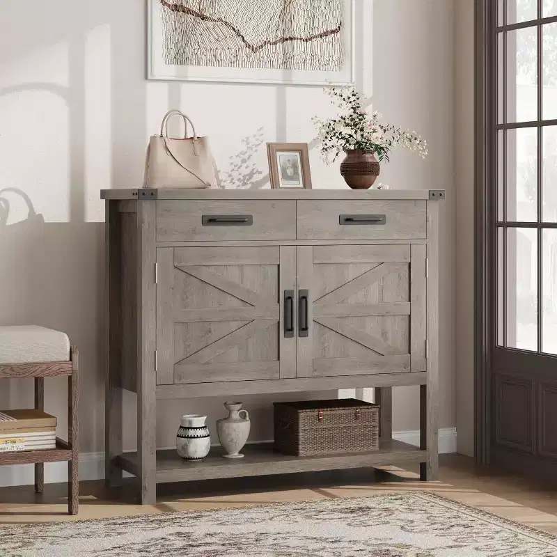 Farmhouse Entryway Table With 2-Door Cabinet & 2 Drawers, Wood Console Table With Storage, Coffee Bar Cabinet, Buffet Sideboard for Home