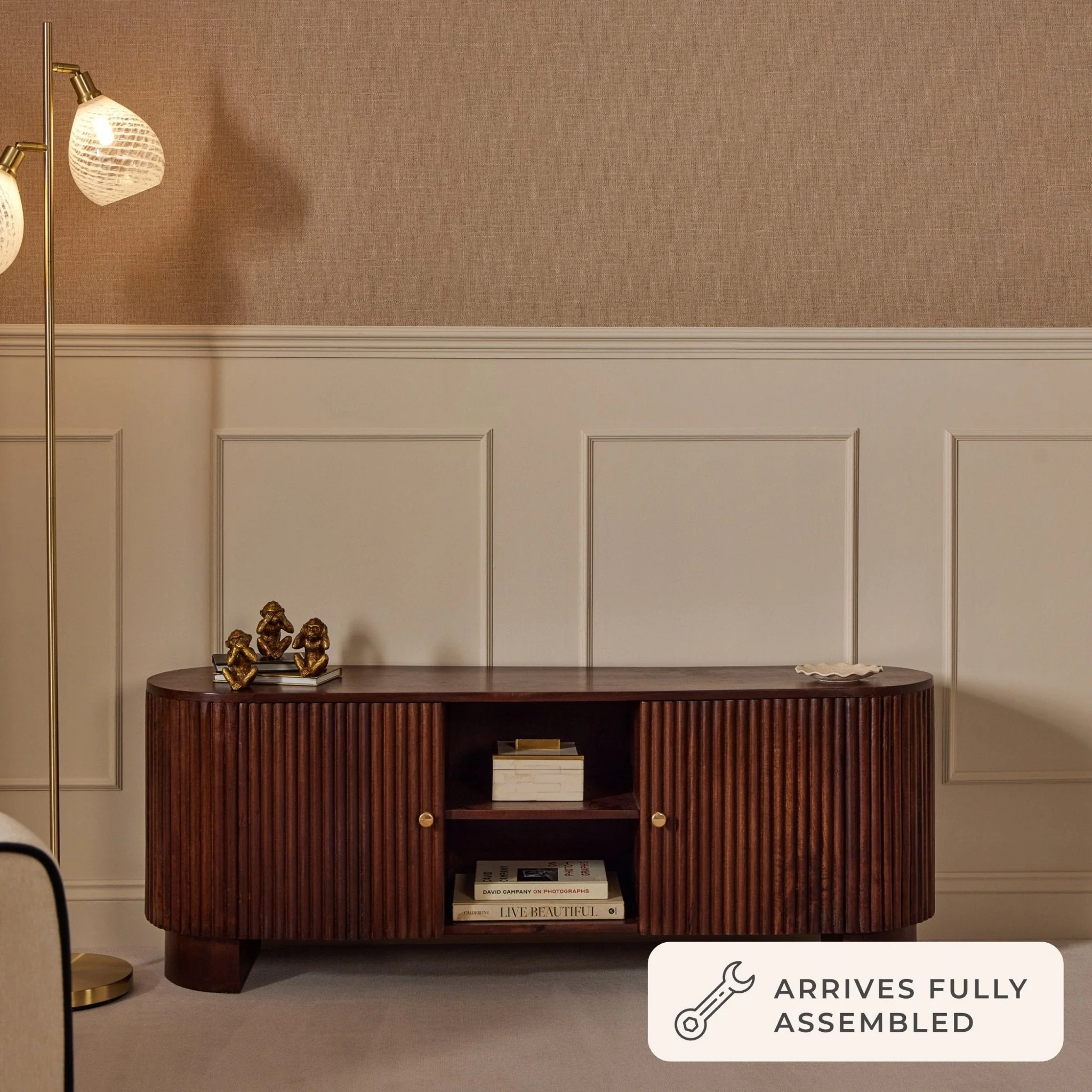 Luxe Walnut Mango Wood TV Unit with Shelving for TVs up to 55 Inch for Living Room