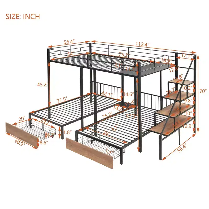 Metal Full over Twin-Twin Triple Bunk Bed with Drawers, Heavy Duty Bunkbeds Frame with Storage Staircase, Black