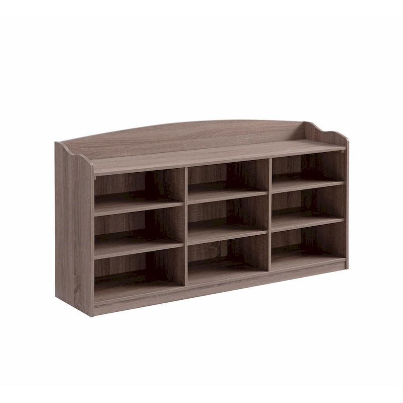 Hale Shoe Bench, 48 Inch Top, 9 Open Compartments, Taupe Brown Finish