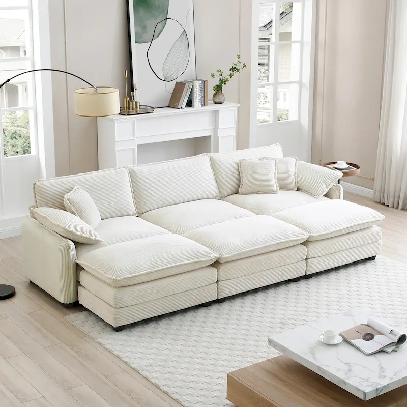 6-piece Corduroy Upholstered Modular Sleeper Sectional Sofa with 3 Removable Ottoman and 5 Pillows, Free Combination